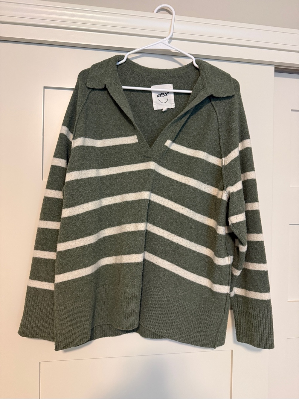 aerie Olive and White Striped V-Neck Collared Sweater